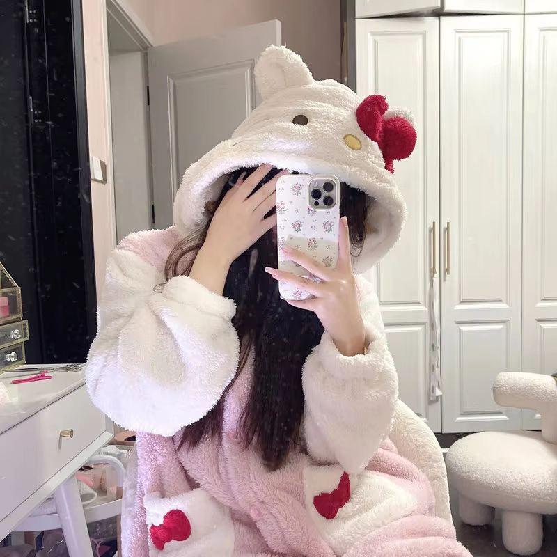 2024 Kitty Coral Velvet Pajamas – Cute Thickened Bathrobe & Long Winter Nightgown Set for Women