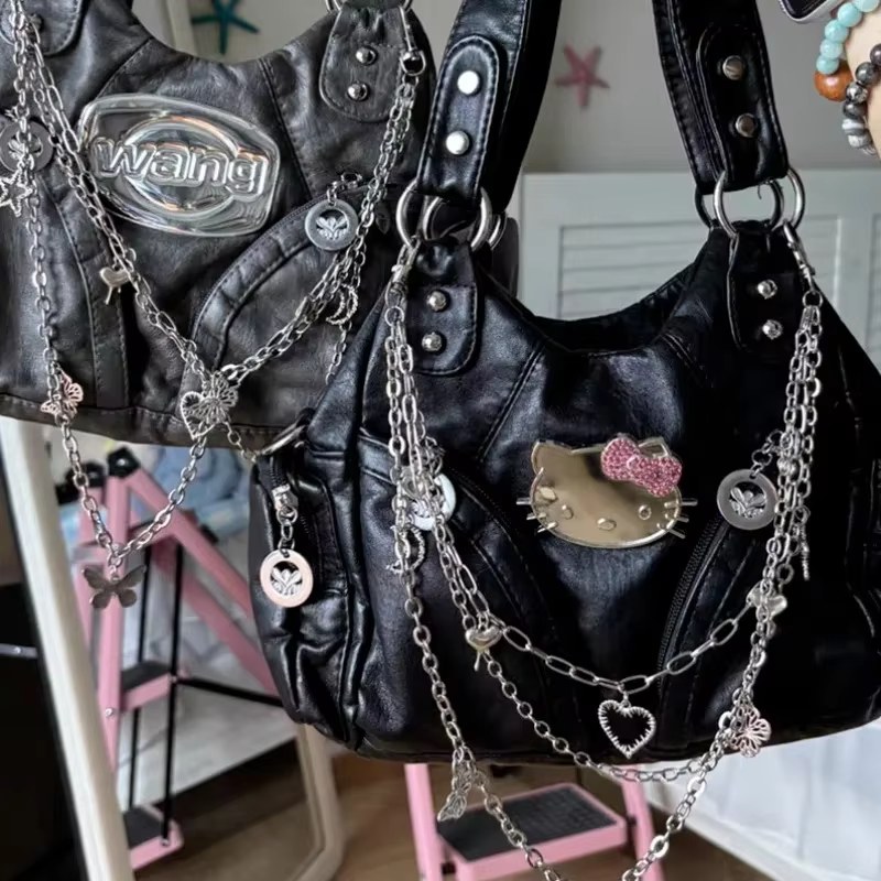 Y2K Kitty Gothic Shoulder Bag - Black PU Leather with Chains & Punk Motorcycle Style