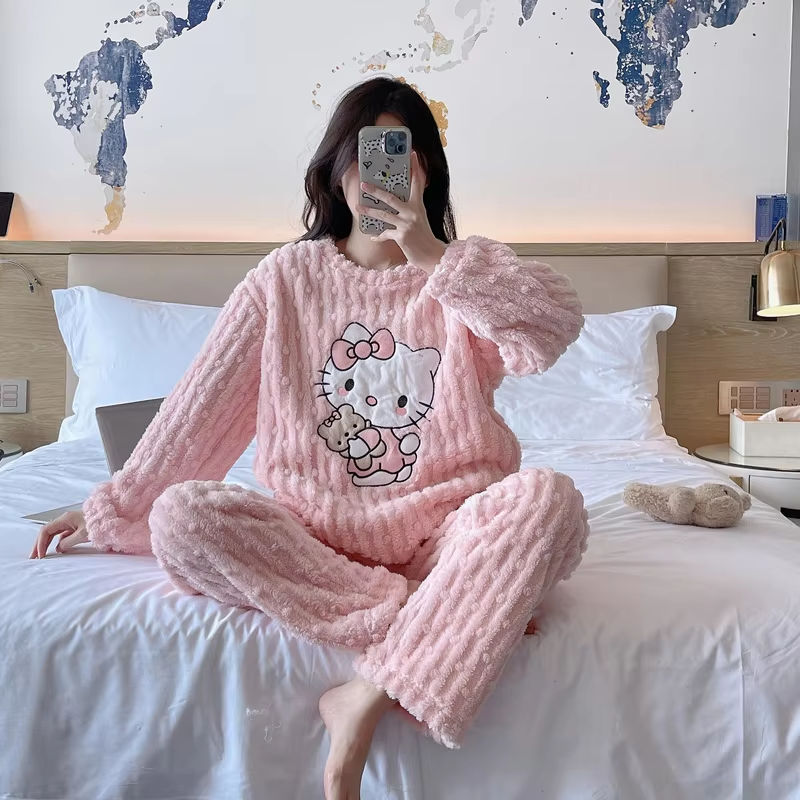 Kitty Coral Velvet Pajamas – Cute Thickened Flannel Trousers & Sweet Homewear for Women