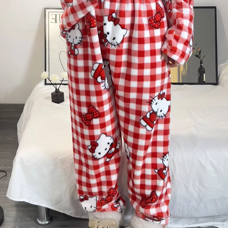 Kitty Nightwear – Thickened Coral Fleece Pajamas for Women, Cute KT Cat Flannel Autumn/Winter Home Suit Set