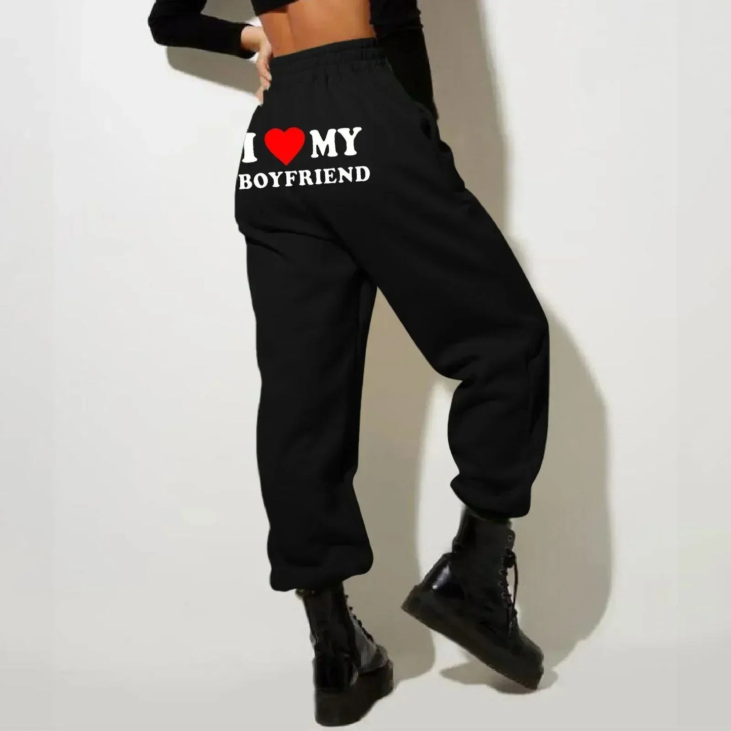 I Love My Boyfriend Printed Sweatpants - High Elastic Waist Drawstring Baggy