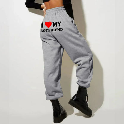 I Love My Boyfriend Printed Sweatpants - High Elastic Waist Drawstring Baggy