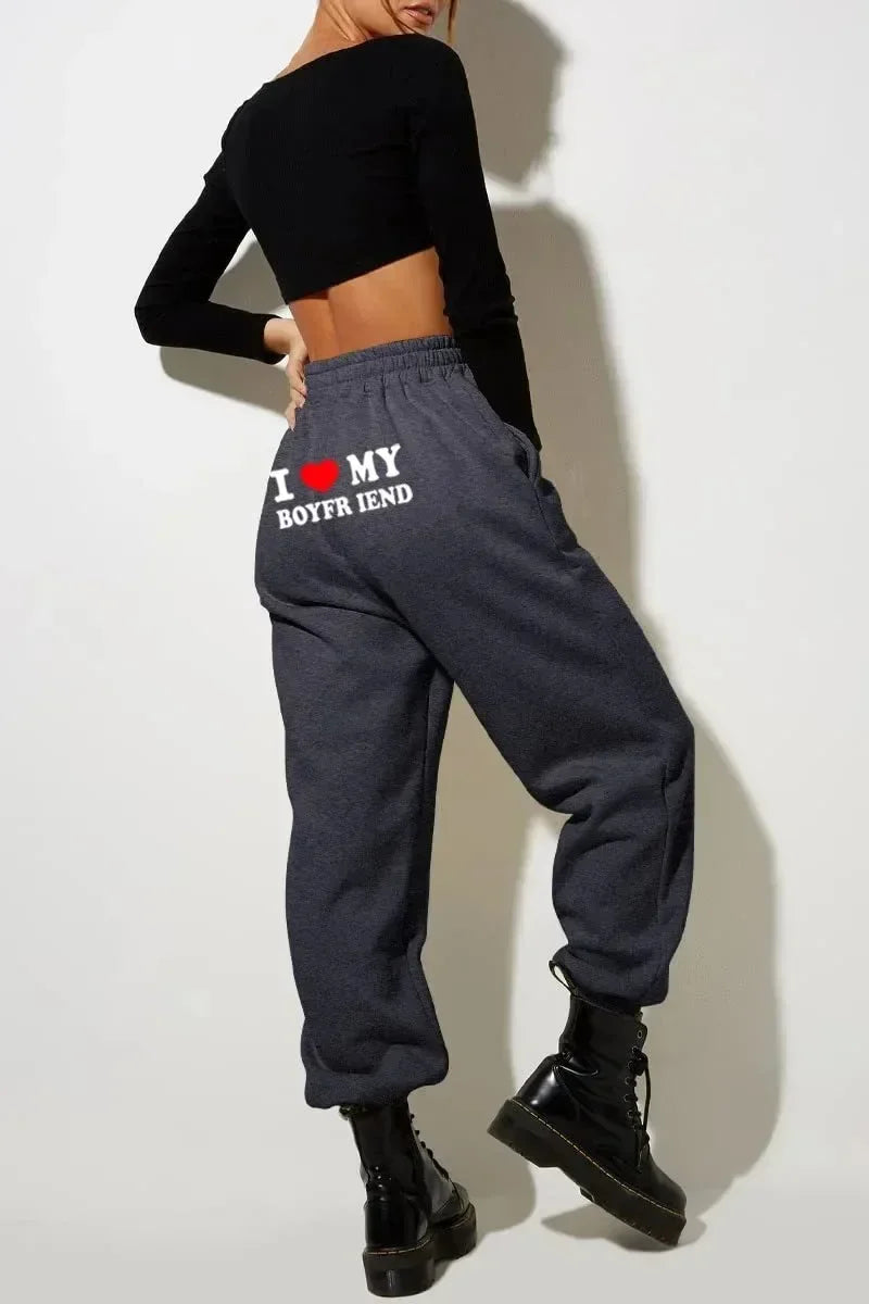 I Love My Boyfriend Printed Sweatpants - High Elastic Waist Drawstring Baggy