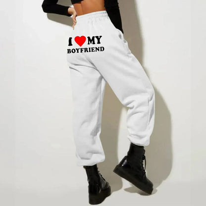 I Love My Boyfriend Printed Sweatpants - High Elastic Waist Drawstring Baggy