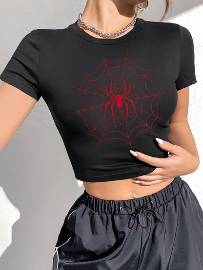 Women's Spider Print Round Neck Short Sleeve Slim Fit Cropped Top T-Shirt