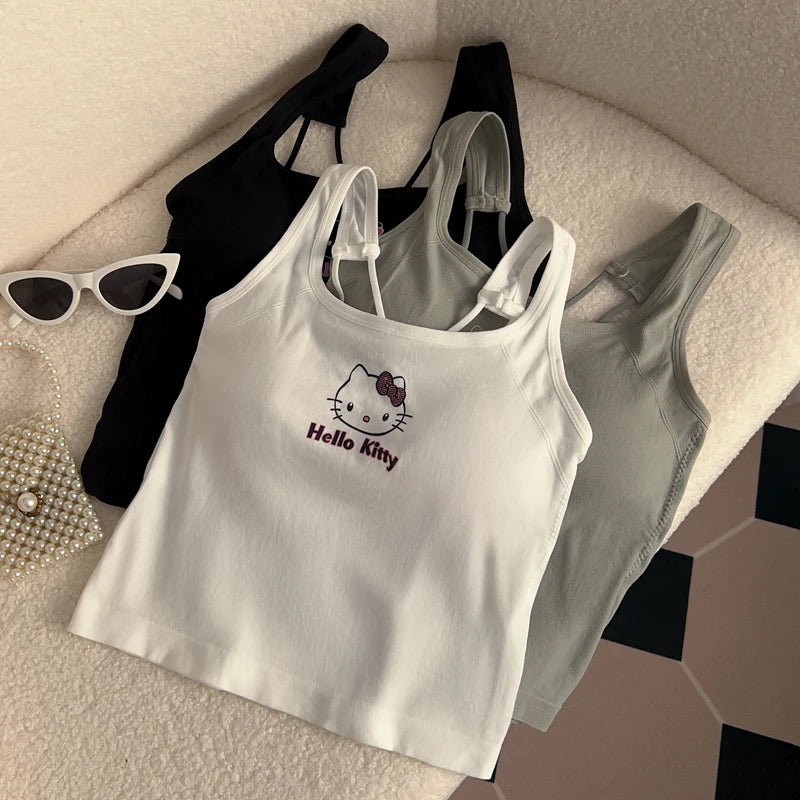 Tílko Hello Kitty Cross Back s hrudními vycpávkami - Crop Top ve stylu Y2K