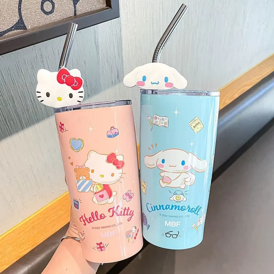 600 ml Hello Kitty &amp; Kuromi Edelstahl-Isolierbecher mit Strohhalm – süß und mit großem Fassungsvermögen