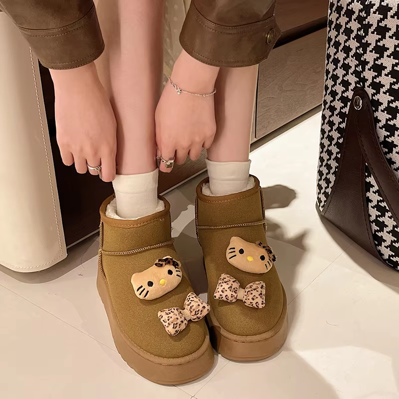 Hello Kitty Print Ankle Boots - Warm Flat Snow Boots for Women