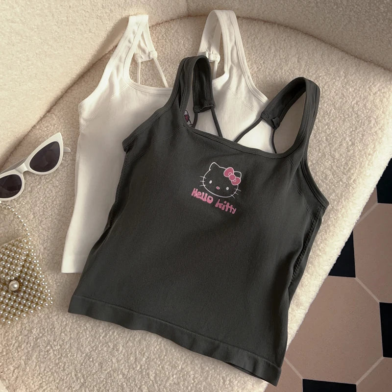 Tílko Hello Kitty Cross Back s hrudními vycpávkami - Crop Top ve stylu Y2K