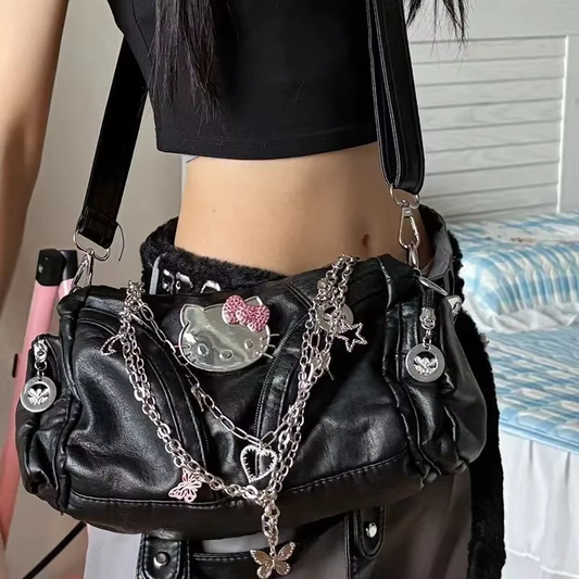 Y2K Kitty Gothic Shoulder Bag - Black PU Leather with Chains & Punk Motorcycle Style