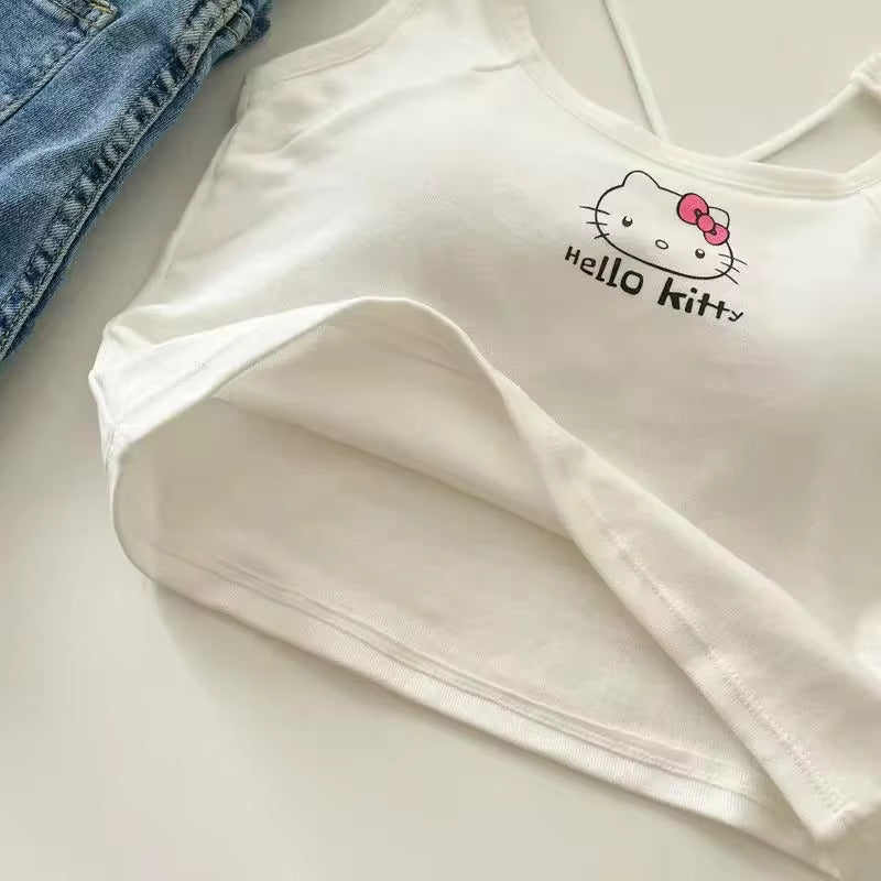 Hello Kitty Tanktop mit überkreuztem Rücken und Brustpolstern – Crop Top im Y2K-Stil