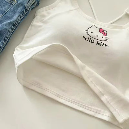 Hello Kitty Tanktop mit überkreuztem Rücken und Brustpolstern – Crop Top im Y2K-Stil