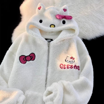 Original Sanrio Cute Hello Kitty  Wool Coat, Winter Loose Plush Thickened Warm Cotton Coat