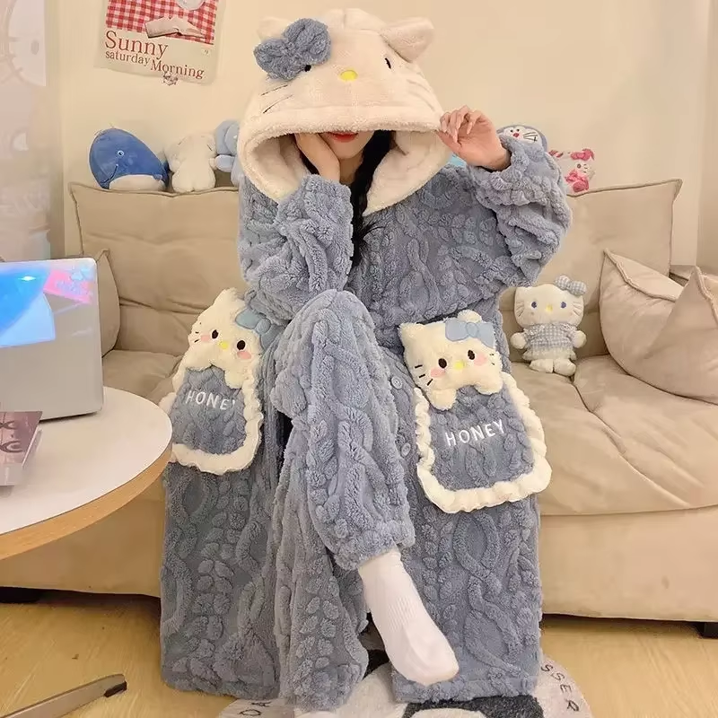 Kitty Coral Velvet Pajamas – 2024 Winter Plush Two-Piece Robe, Thickened Homewear Suit for Women