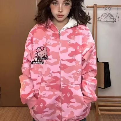 Hello Kitty Oversized Zip-Up Hoodie - Camouflage Streetwear Cardigan for Women