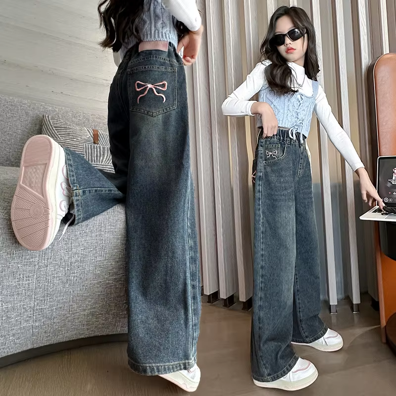 Girl Pocket Bow Embroidery Jeans – Trendy Wide Leg Denim Pants for Teens, Loose Trousers for Spring & Autumn (4-14 Years)