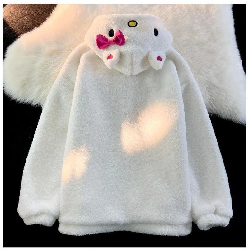 Original Sanrio Cute Hello Kitty  Wool Coat, Winter Loose Plush Thickened Warm Cotton Coat