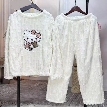 Hello Kitty Coral Velvet Pajamas – Cute Thickened Flannel Trousers & Sweet Homewear for Women