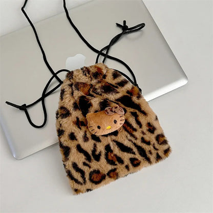 H. Kitty Girls Makeup Drawstring Storage Bag Plush Retro Leopard Print, Crossbody Bag