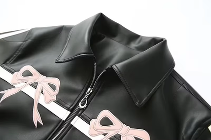 Vintage-Inspired Women's Faux Leather Winter Jacket with Bow Detail – Casual PU Lapel Collar Overcoat