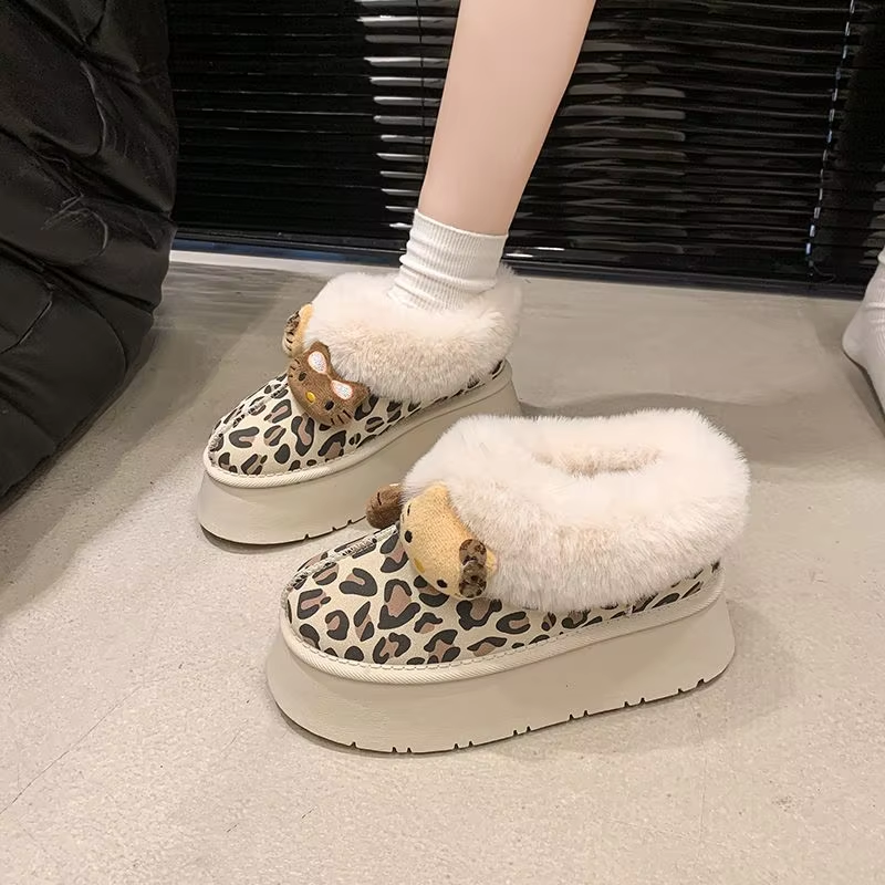 Girls' Winter Snow Boots  Kitty Leopard Print, Warm & Anti-Slip Design