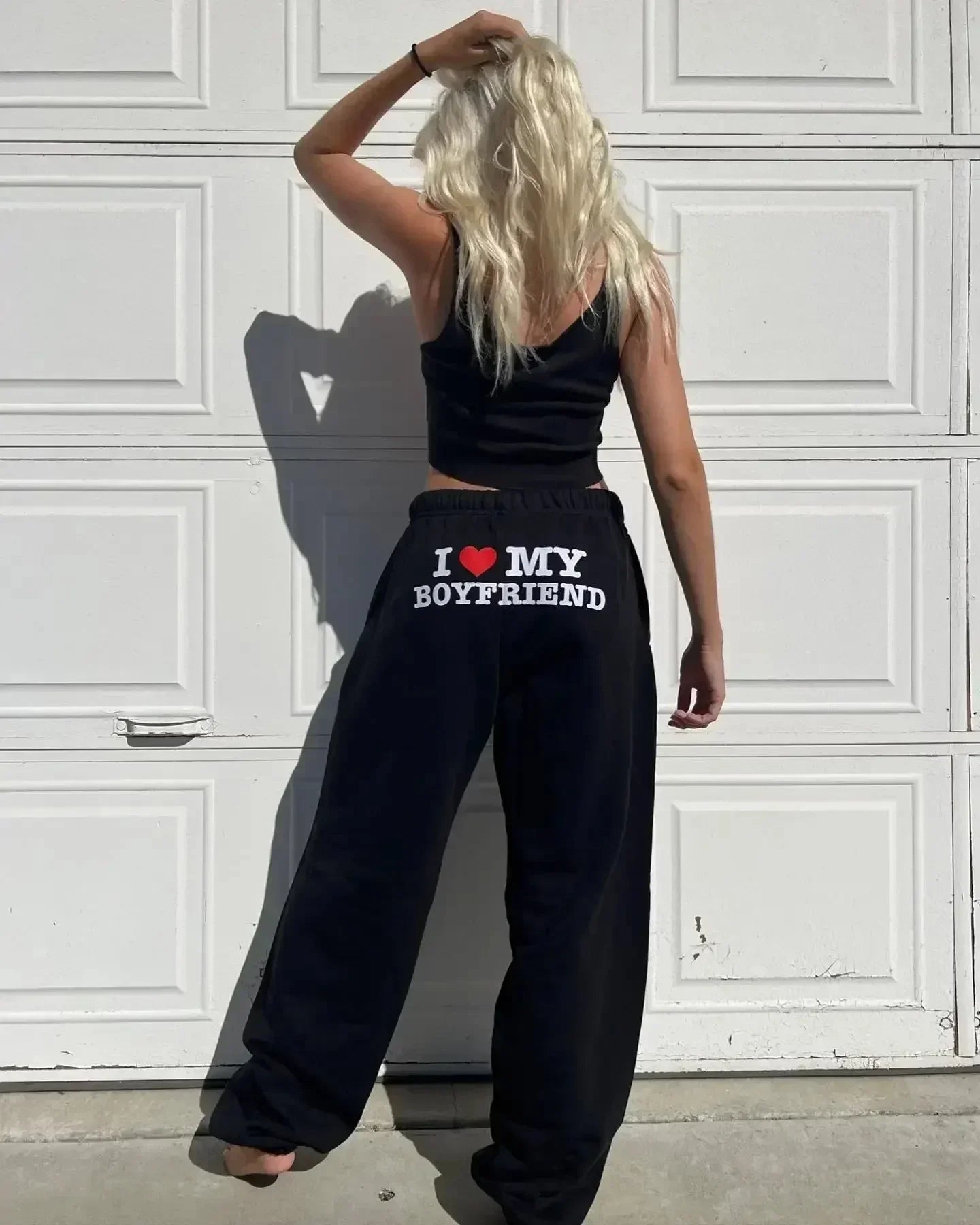 I Love My Boyfriend Printed Sweatpants - High Elastic Waist Drawstring Baggy