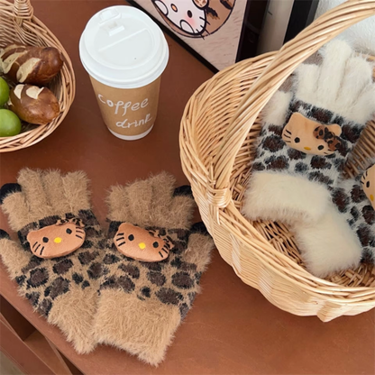 Kitty Leopard Plush Gloves – Cute Windproof Winter Gloves for Girls & Students