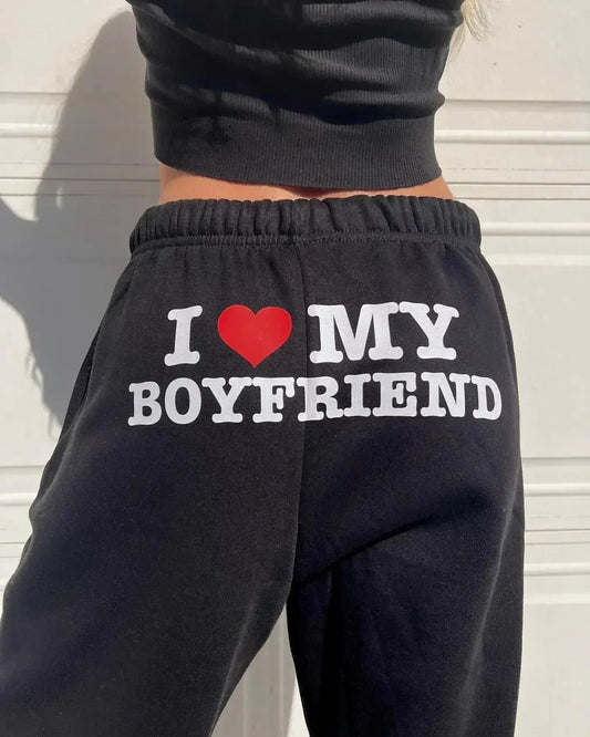 Tepláky I Love My Boyfriend s potiskem - Vysoký elastický pas se stahovací šňůrkou Baggy