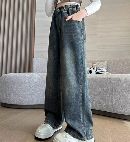 Girl Pocket Bow Embroidery Jeans – Trendy Wide Leg Denim Pants for Teens, Loose Trousers for Spring & Autumn (4-14 Years)