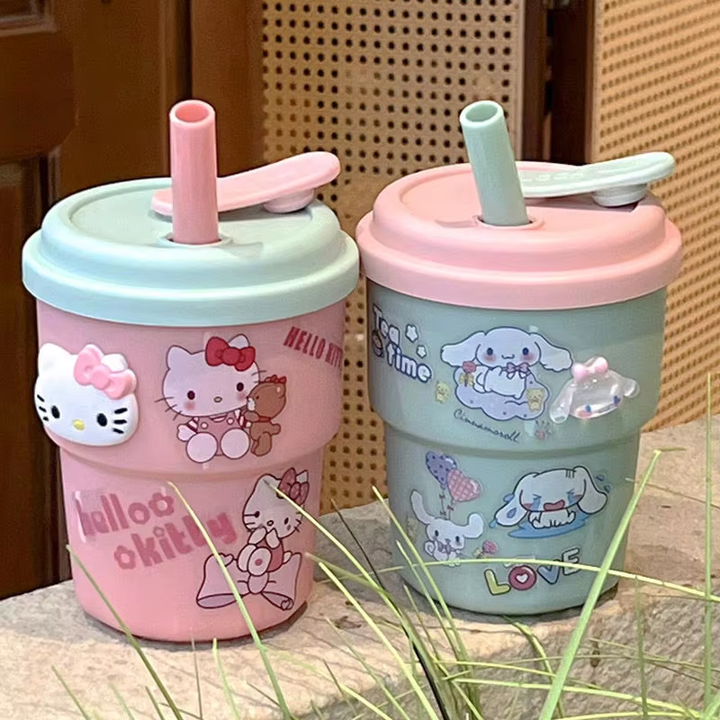 Süßer Sanrio Hello Kitty &amp; Cinnamoroll Kawaii Strohhalmbecher – mit Aufklebern