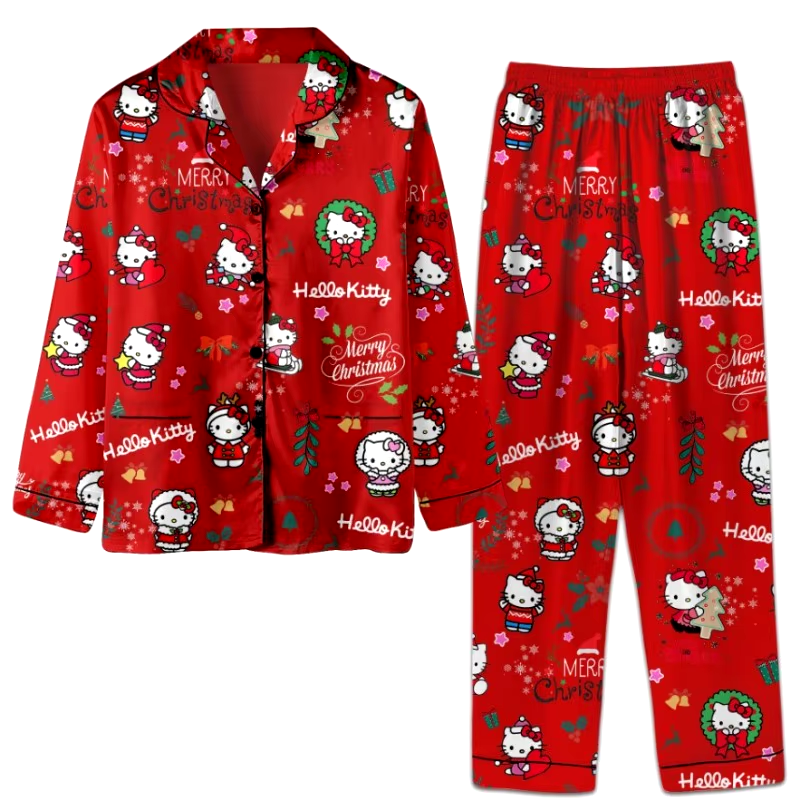 Cozy Kawaii Hello Kitty Christmas Pajama Set - Trendy Unisex Long Sleeve & Pants for All Seasons!