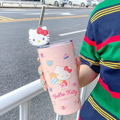 600 ml Hello Kitty &amp; Kuromi Edelstahl-Isolierbecher mit Strohhalm – süß und mit großem Fassungsvermögen