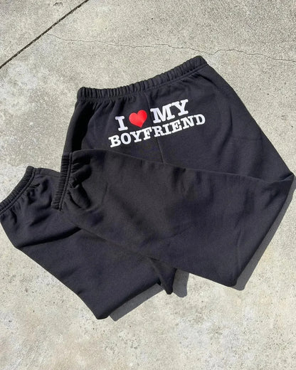 I Love My Boyfriend Printed Sweatpants - High Elastic Waist Drawstring Baggy