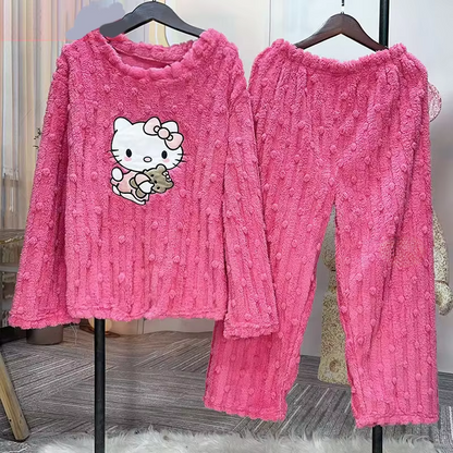 Hello Kitty Coral Velvet Pajamas – Cute Thickened Flannel Trousers & Sweet Homewear for Women