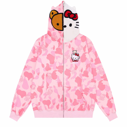 Hello Kitty Oversized Zip-Up Hoodie - Camouflage Streetwear Cardigan for Women