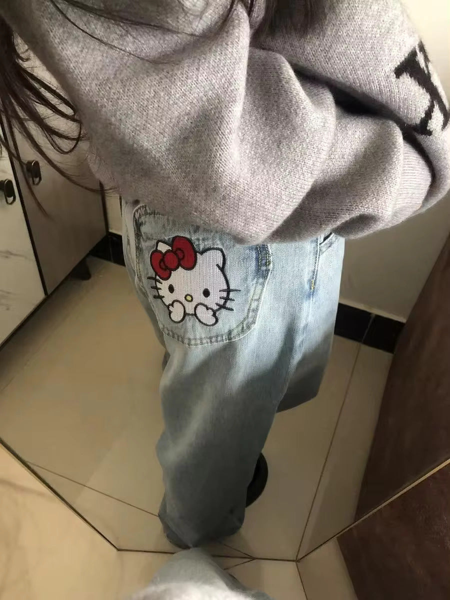 Hello Kitty Embroidered Wide Leg Jeans - Y2K Style