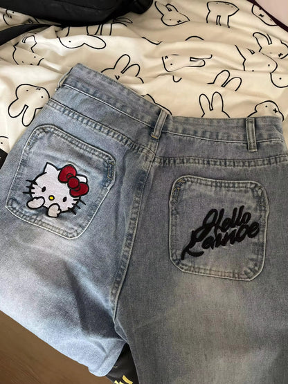 Jeans mit weitem Bein und Hello Kitty-Stickerei – Y2K-Stil