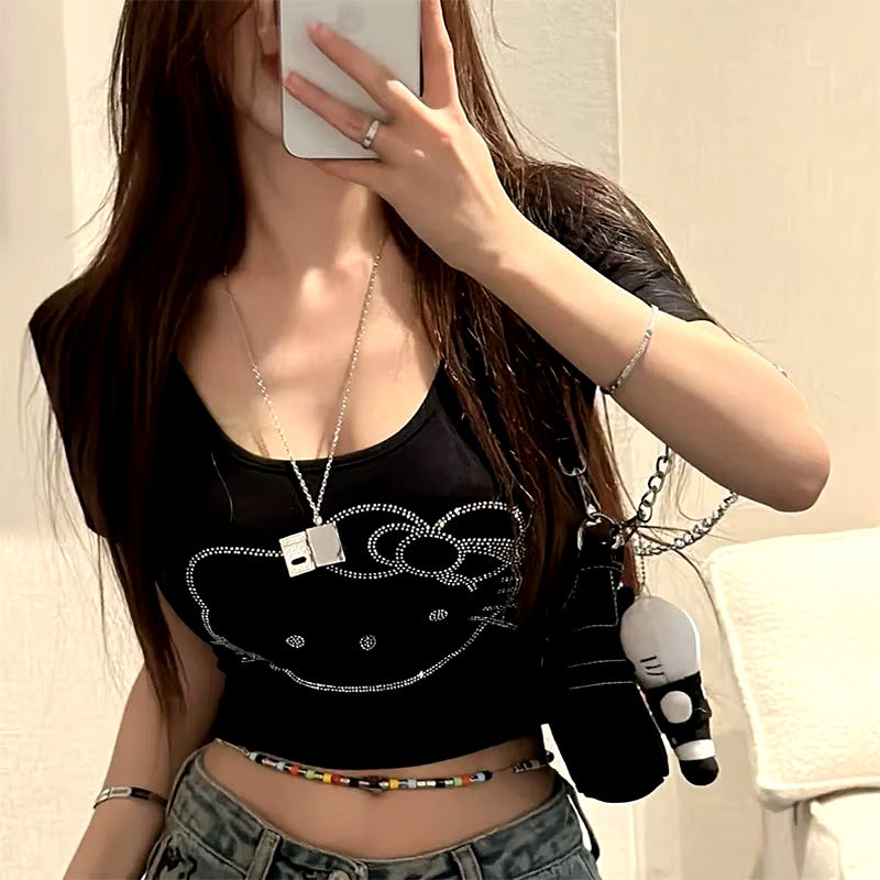 H. Kitty Y2k Summer Sleeveless Crop Top, Diamond Kitty Face