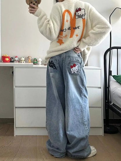 Jeans mit weitem Bein und Hello Kitty-Stickerei – Y2K-Stil