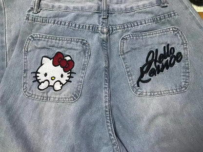 Jeans mit weitem Bein und Hello Kitty-Stickerei – Y2K-Stil