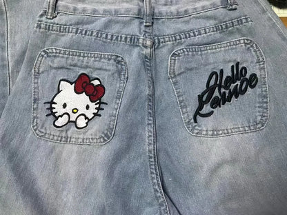 Hello Kitty vyšívané široké džíny - styl Y2K