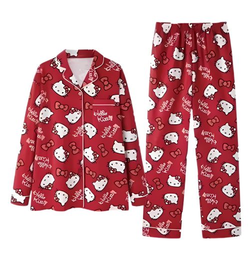 Cozy Kawaii Hello Kitty Christmas Pajama Set - Trendy Unisex Long Sleeve & Pants for All Seasons!