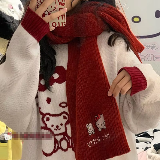 Sanrio Hello Kitty Plush Scarf – Kawaii Y2K Japanese Style, Cute & Warm Winter Accessory for Women