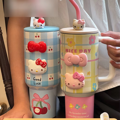 HK Plaid Pink Flower Insulated Cup – 1200ml Large Capacity Straw Cup, Perfect Birthday Gift