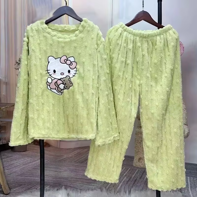 Kitty Coral Velvet Pajamas – Cute Thickened Flannel Trousers & Sweet Homewear for Women