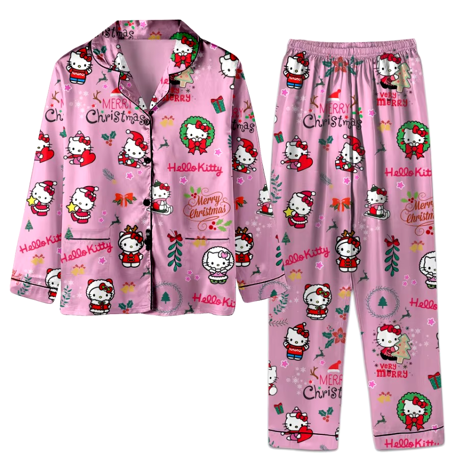 Cozy Kawaii Hello Kitty Christmas Pajama Set - Trendy Unisex Long Sleeve & Pants for All Seasons!