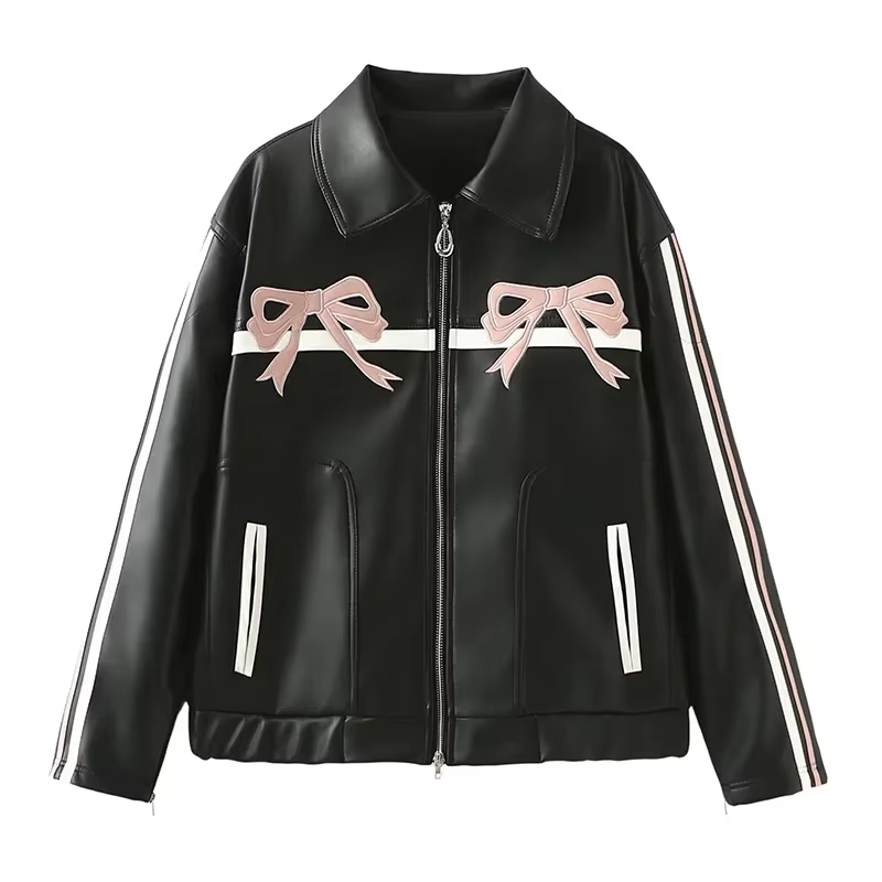 Vintage-Inspired Women's Faux Leather Winter Jacket with Bow Detail – Casual PU Lapel Collar Overcoat