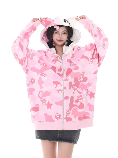 Hello Kitty Oversized Zip-Up Hoodie - Camouflage Streetwear Cardigan for Women