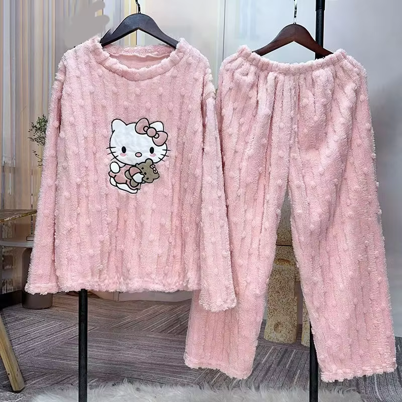 Kitty Coral Velvet Pajamas – Cute Thickened Flannel Trousers & Sweet Homewear for Women