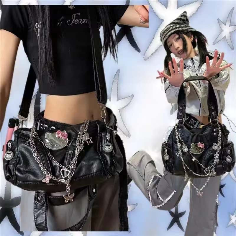 Y2K Kitty Gothic Shoulder Bag - Black PU Leather with Chains & Punk Motorcycle Style